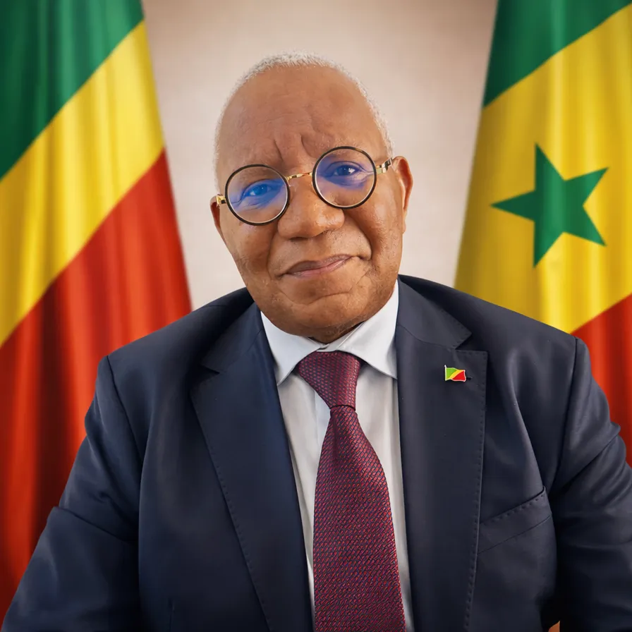 Portrait officiel de S.E.M. Luc-Jean Saint-Vito AKA-EVY, Ambassadeur, devant les drapeaux du Congo